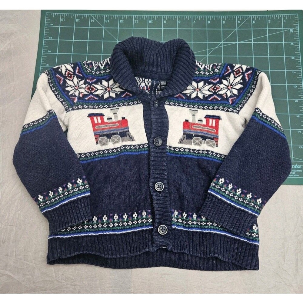 Janie and Jack Navy Fair Isle Train Cardigan Sweater Shawl Collar 18 to 24 Month